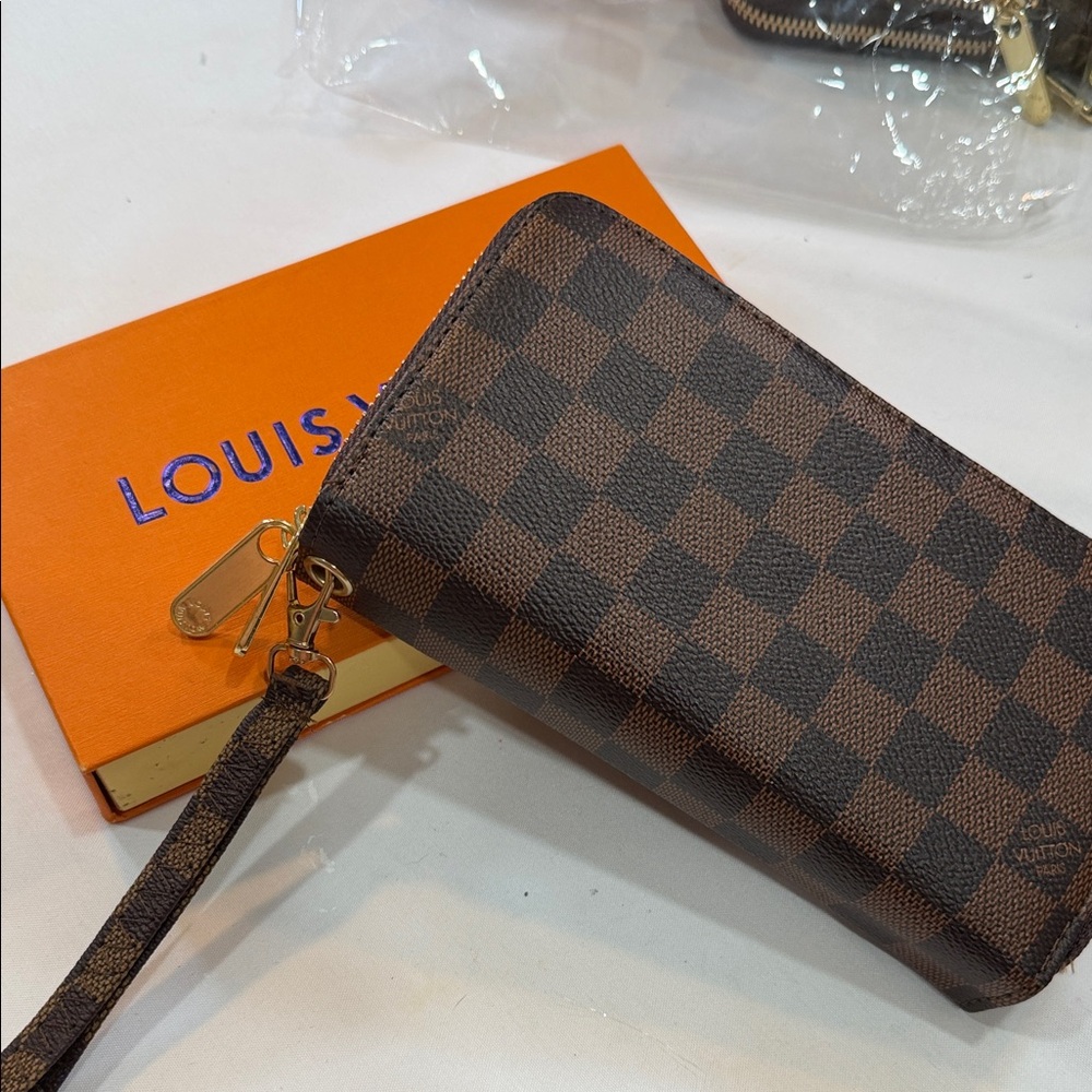 Brown Checkered Zip-Around Wristlet Wallet